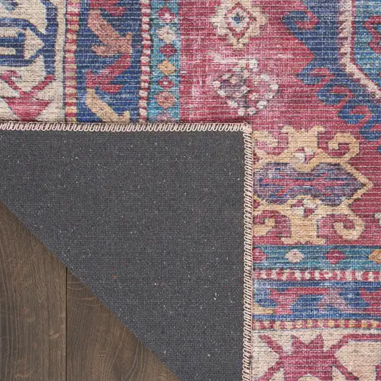 8' Blue And Red Medallion Distressed Washable Runner Rug Photo 9