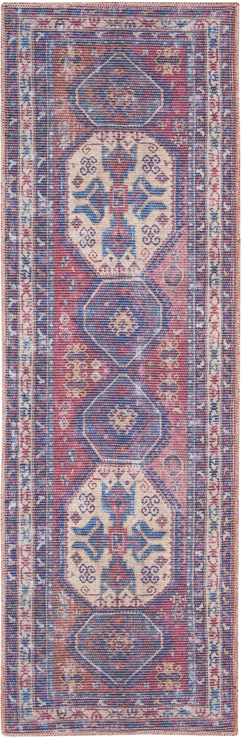 Blue and Red Medallion Power Loom Distressed Washable Runner Rug Photo 9