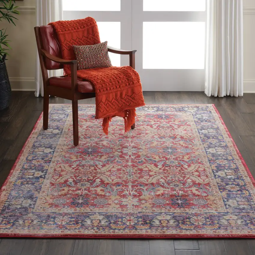 Blue and Red Oriental Distressed Non Skid Area Rug Photo 5
