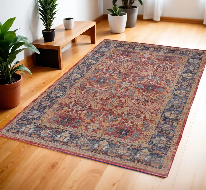 Blue and Red Oriental Distressed Non Skid Area Rug Photo 1
