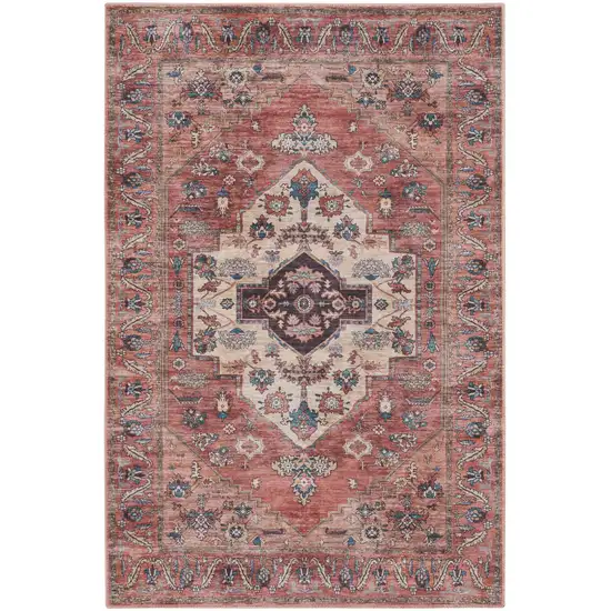 Blue and Red Oriental Power Loom Distressed Washable Non Skid Area Rug Photo 3