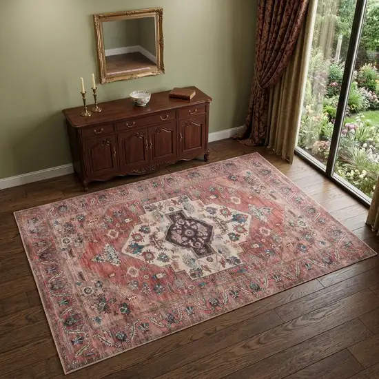 Blue and Red Oriental Power Loom Distressed Washable Non Skid Area Rug Photo 1