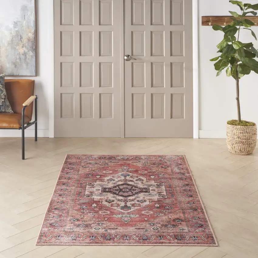 Blue and Red Oriental Power Loom Distressed Washable Non Skid Area Rug Photo 7