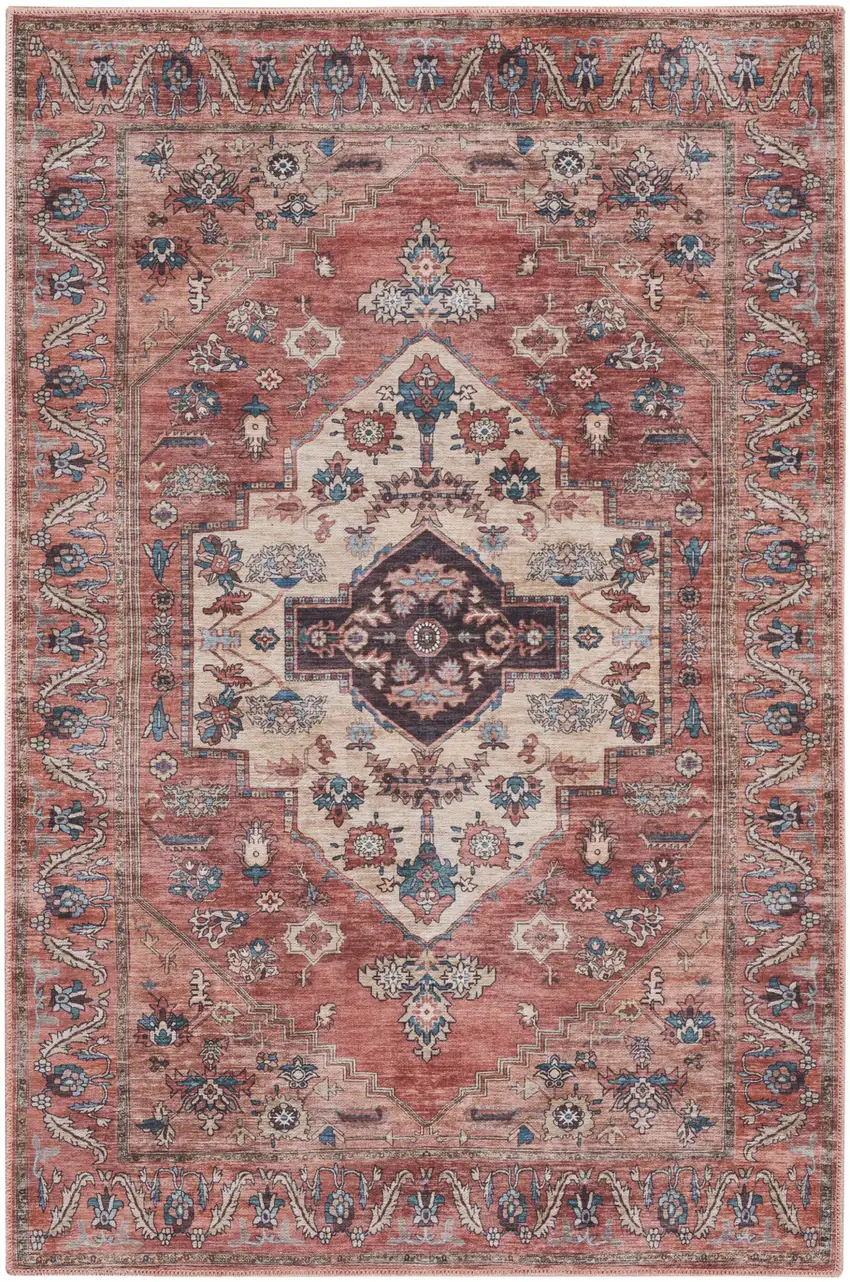 Blue and Red Oriental Power Loom Distressed Washable Non Skid Area Rug Photo 1