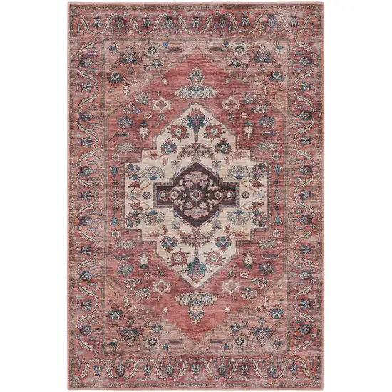 Blue and Red Oriental Power Loom Distressed Washable Non Skid Area Rug Photo 4
