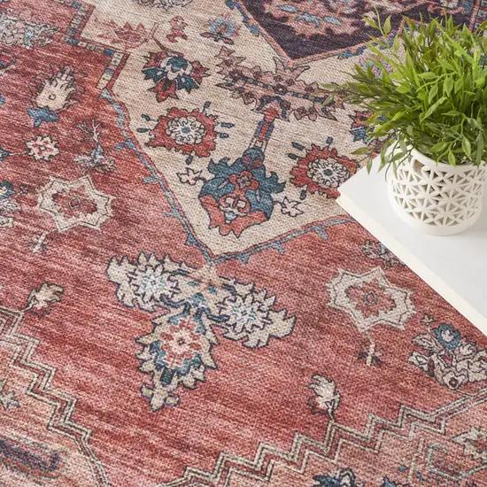 Blue and Red Oriental Power Loom Distressed Washable Non Skid Area Rug Photo 8