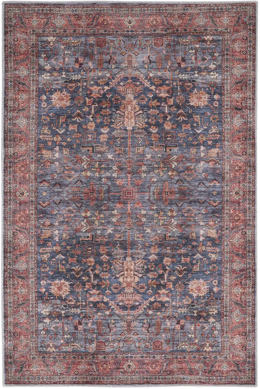 Blue and Red Oriental Power Loom Distressed Washable Non Skid Area Rug Photo 1