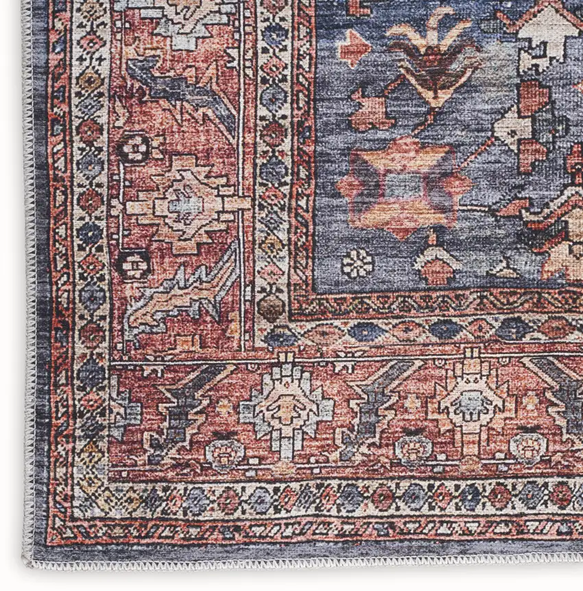 Blue and Red Oriental Power Loom Distressed Washable Non Skid Area Rug Photo 3