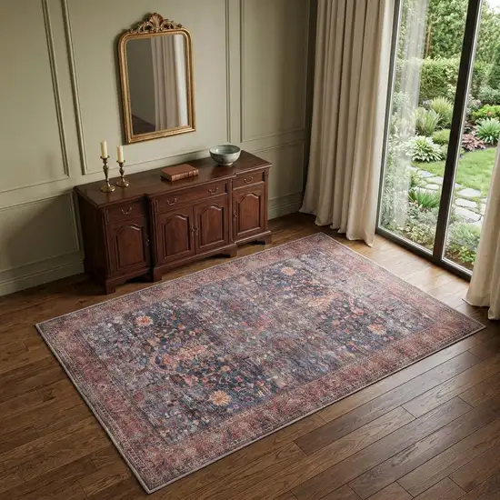 Blue and Red Oriental Power Loom Distressed Washable Non Skid Area Rug Photo 1