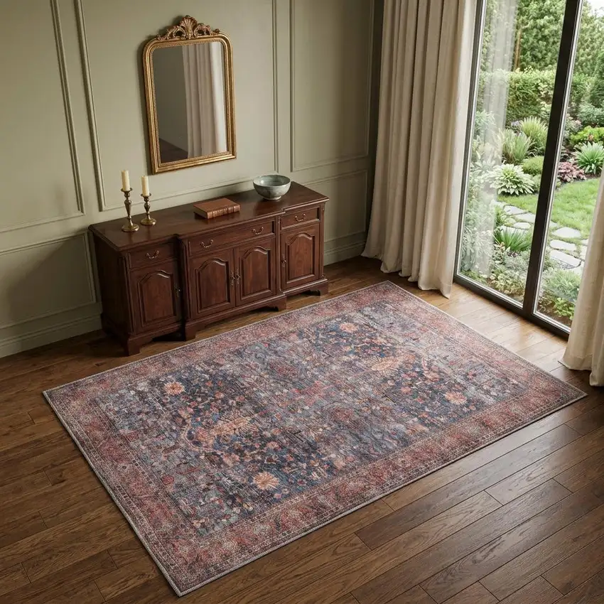 Blue and Red Oriental Power Loom Distressed Washable Non Skid Area Rug Photo 1