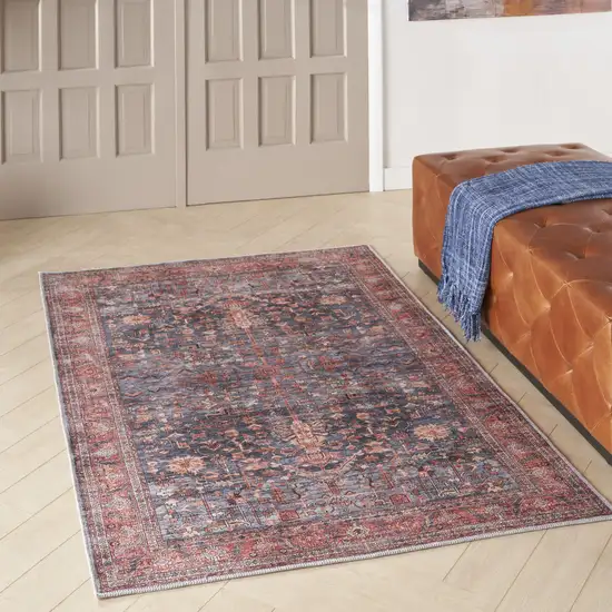 Blue and Red Oriental Power Loom Distressed Washable Non Skid Area Rug Photo 5