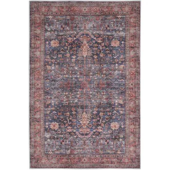 Blue and Red Oriental Power Loom Distressed Washable Non Skid Area Rug Photo 2
