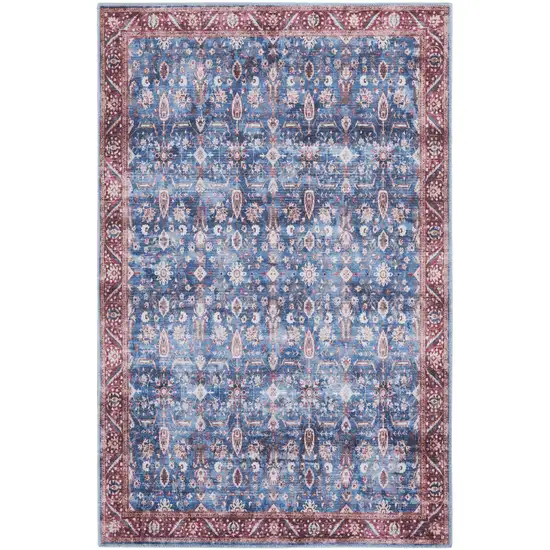 Blue and Red Oriental Power Loom Distressed Washable Non Skid Area Rug Photo 9