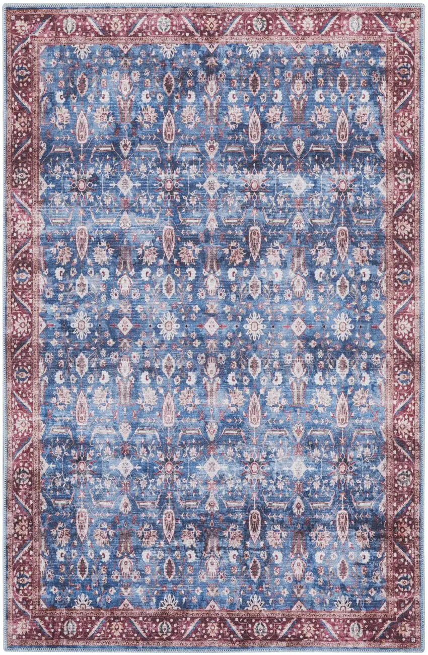 Blue and Red Oriental Power Loom Distressed Washable Non Skid Area Rug Photo 9