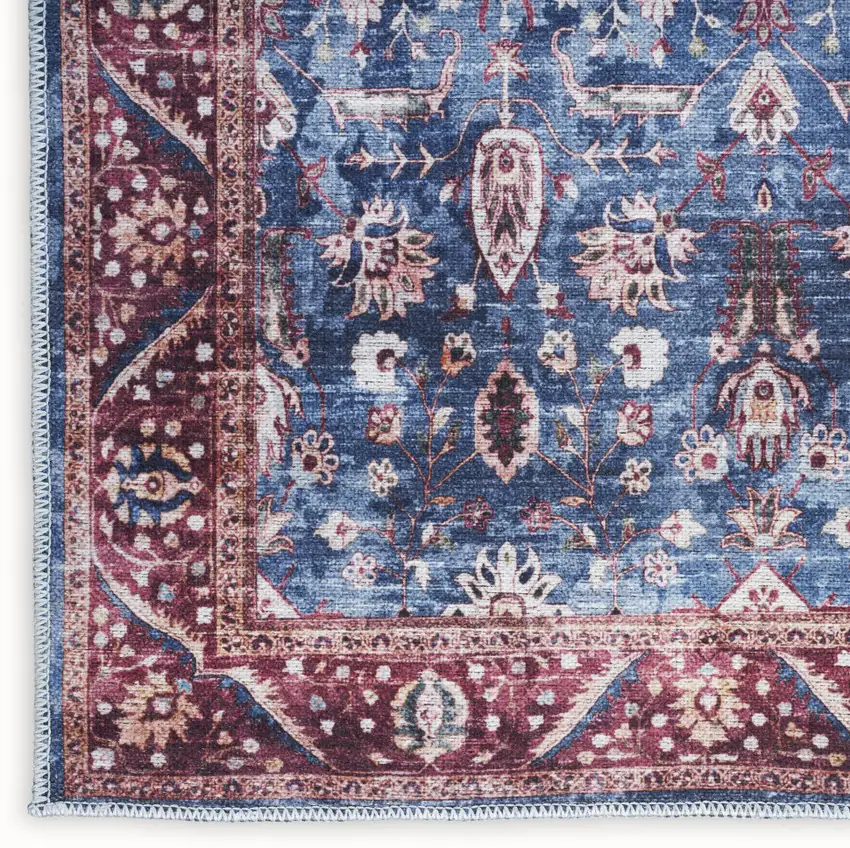 Blue and Red Oriental Power Loom Distressed Washable Non Skid Area Rug Photo 1