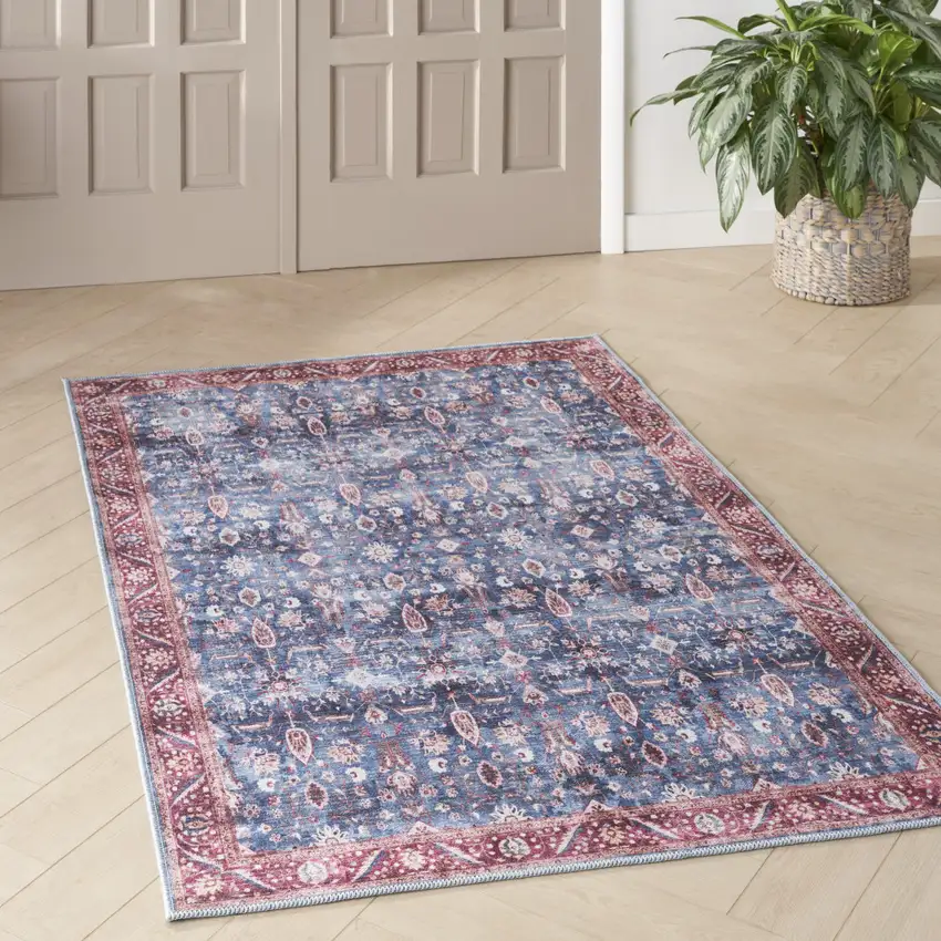 Blue and Red Oriental Power Loom Distressed Washable Non Skid Area Rug Photo 7