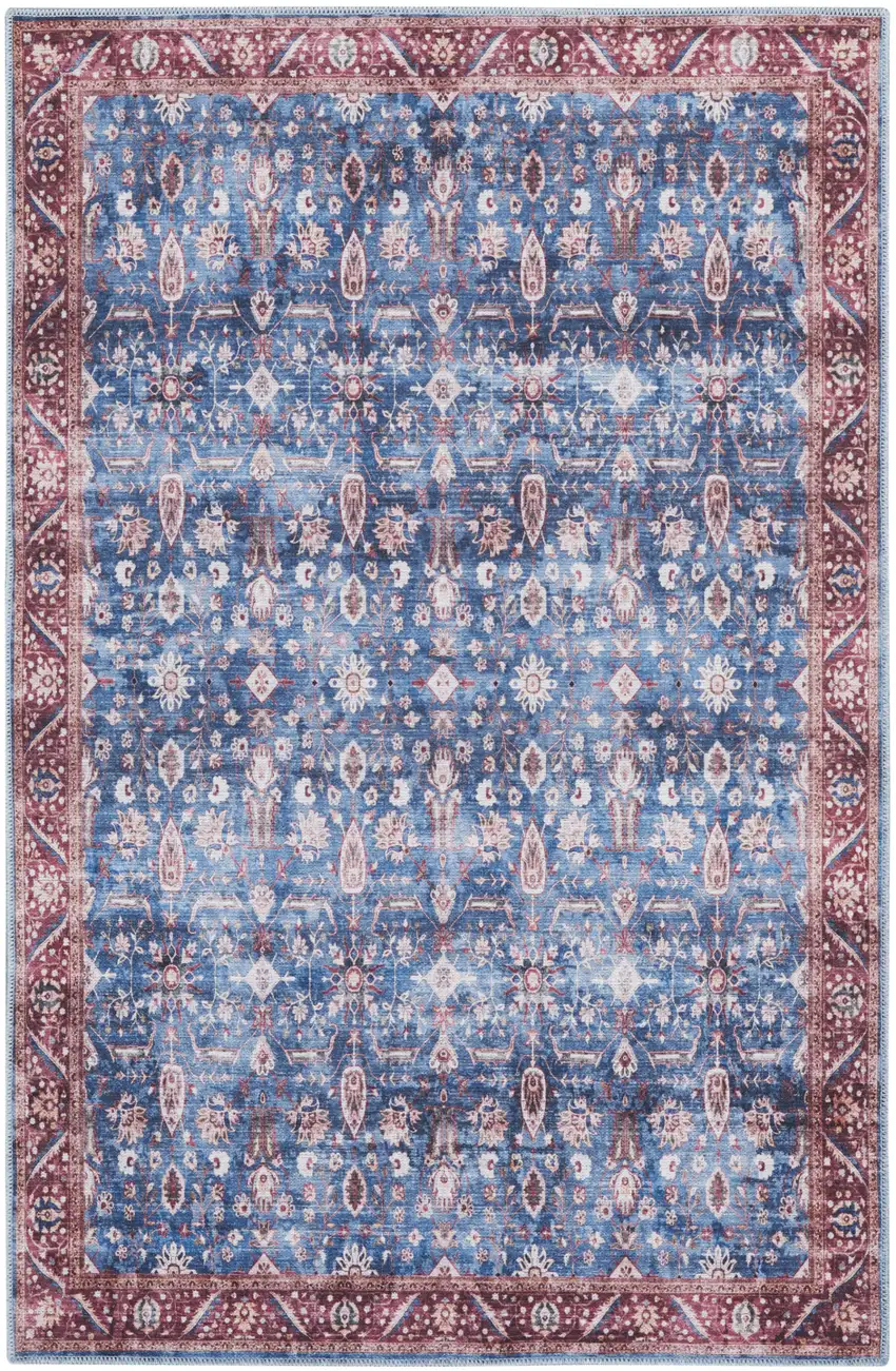 Blue and Red Oriental Power Loom Distressed Washable Non Skid Area Rug Photo 1