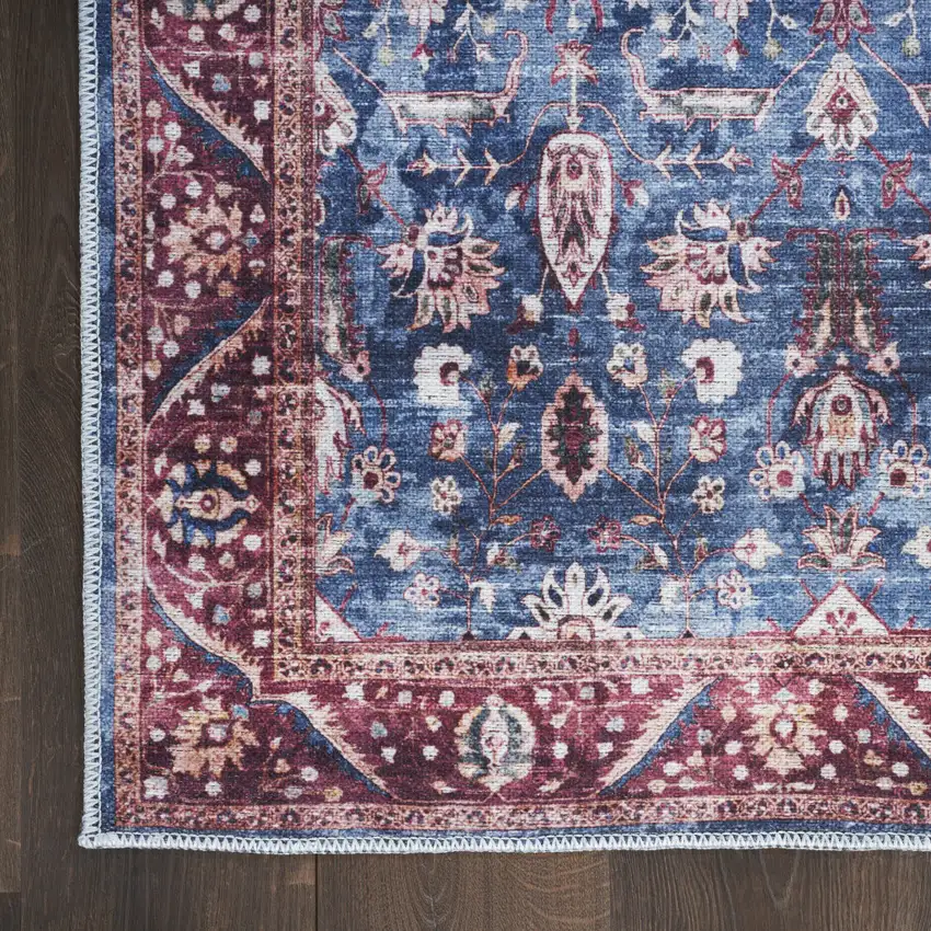Blue and Red Oriental Power Loom Distressed Washable Non Skid Area Rug Photo 5