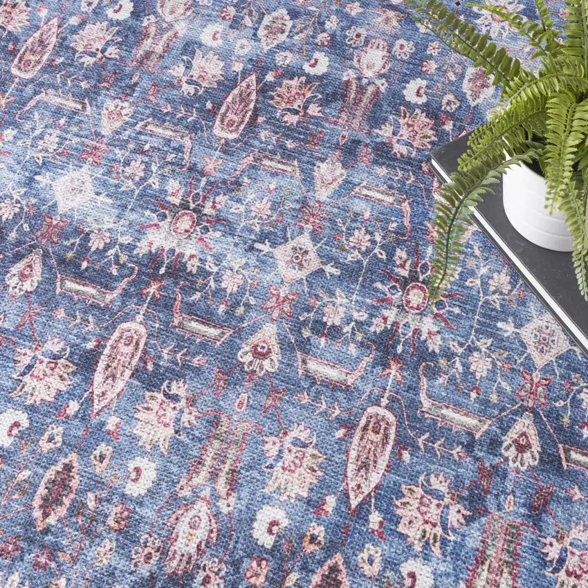 Blue and Red Oriental Power Loom Distressed Washable Non Skid Area Rug Photo 8