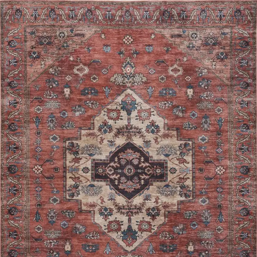 5' X 7' Blue and Red Oriental Power Loom Distressed Washable Non Skid Area Rug Photo 3