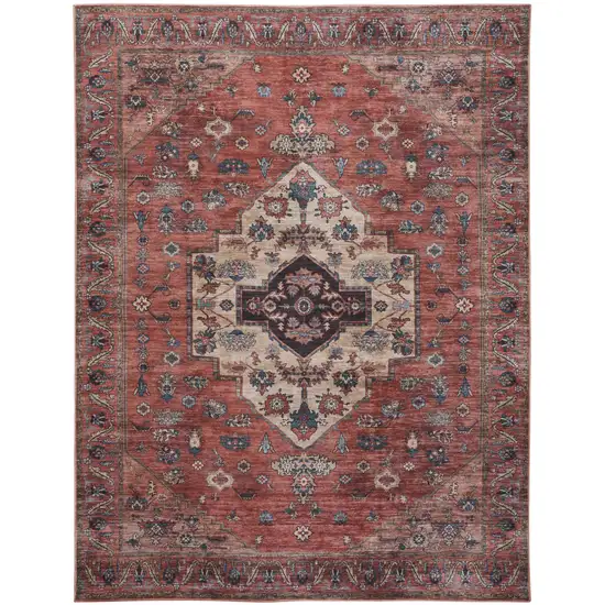 5' X 7' Blue and Red Oriental Power Loom Distressed Washable Non Skid Area Rug Photo 4