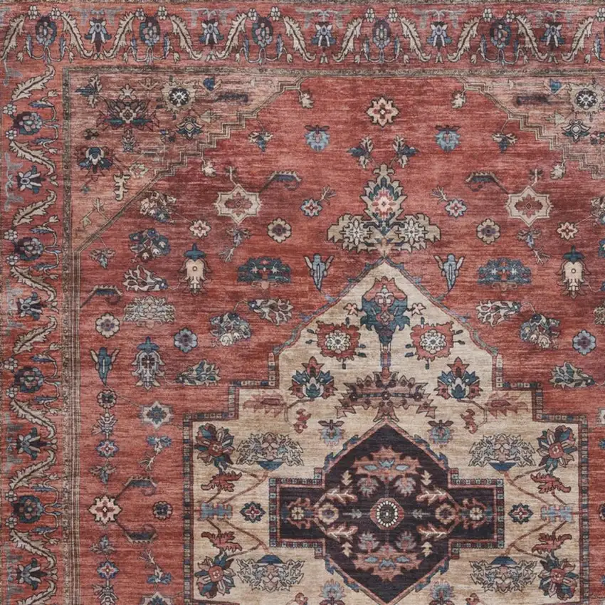 5' X 7' Blue and Red Oriental Power Loom Distressed Washable Non Skid Area Rug Photo 1