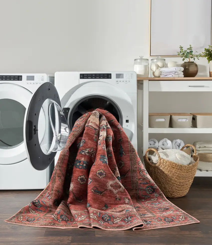 Blue and Red Oriental Power Loom Distressed Washable Non Skid Area Rug Photo 8