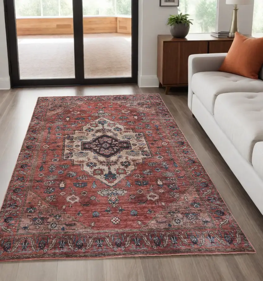 5' x 7' Blue and Red Oriental Power Loom Distressed Washable Non Skid Area Rug Photo 1