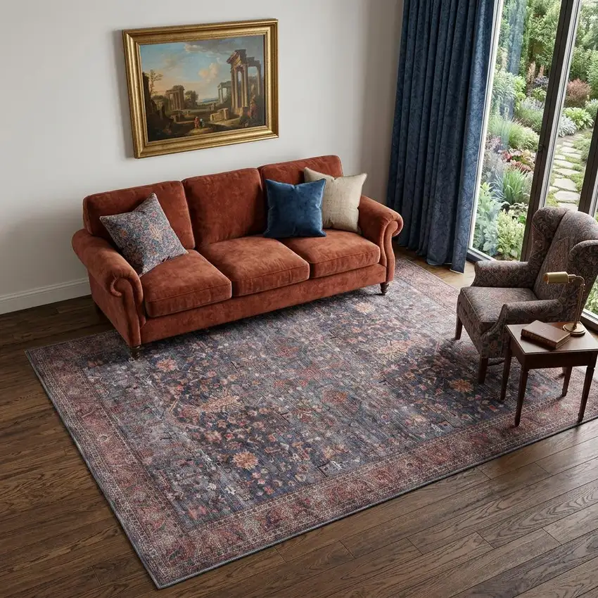 5' X 7' Blue and Red Oriental Power Loom Distressed Washable Non Skid Area Rug Photo 1