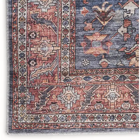 5' X 7' Blue and Red Oriental Power Loom Distressed Washable Non Skid Area Rug Photo 3