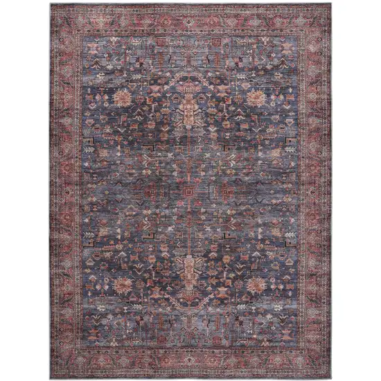 5' X 7' Blue and Red Oriental Power Loom Distressed Washable Non Skid Area Rug Photo 2