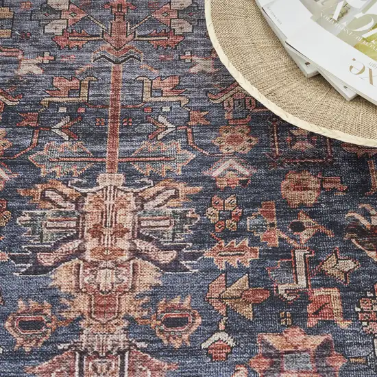 5' X 7' Blue and Red Oriental Power Loom Distressed Washable Non Skid Area Rug Photo 9