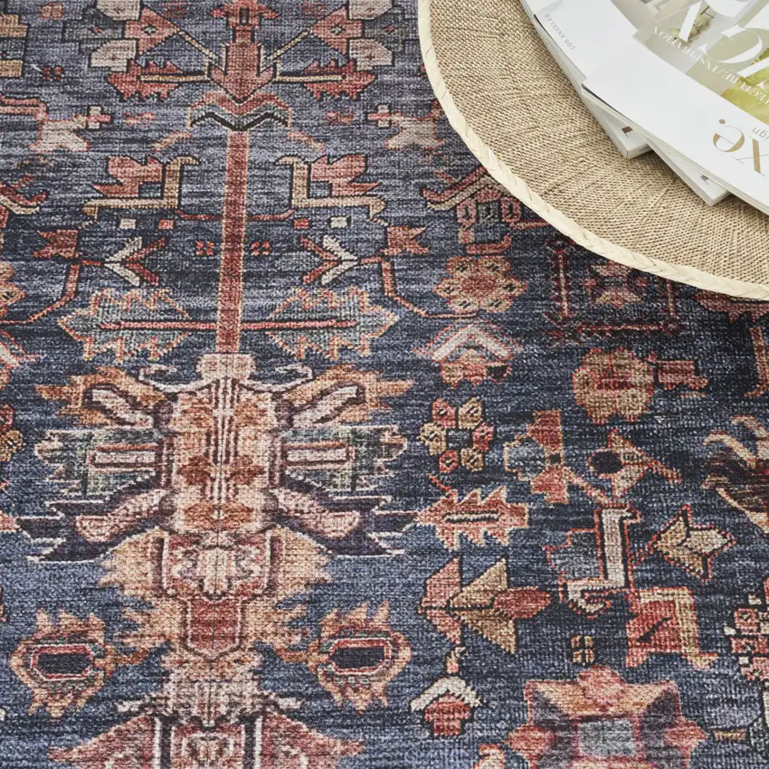 5' X 7' Blue and Red Oriental Power Loom Distressed Washable Non Skid Area Rug Photo 9