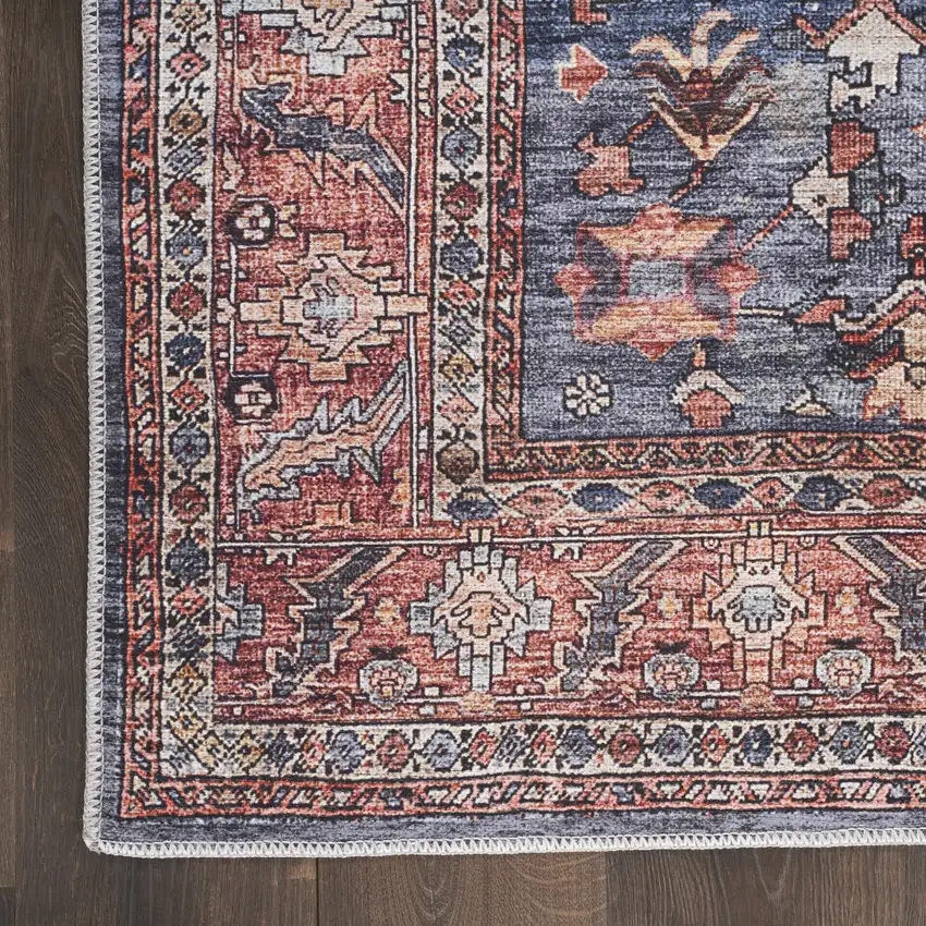 5' X 7' Blue and Red Oriental Power Loom Distressed Washable Non Skid Area Rug Photo 7