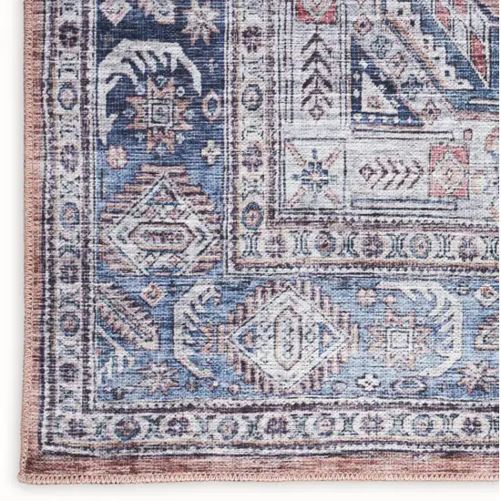 5' X 7' Blue and Red Oriental Power Loom Distressed Washable Non Skid Area Rug Photo 3