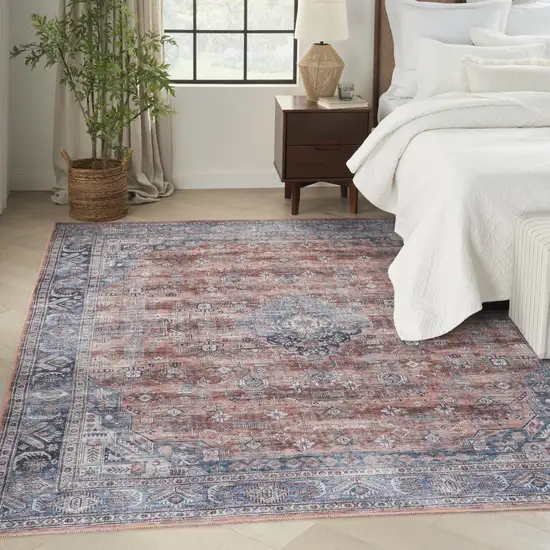 5' X 7' Blue and Red Oriental Power Loom Distressed Washable Non Skid Area Rug Photo 5