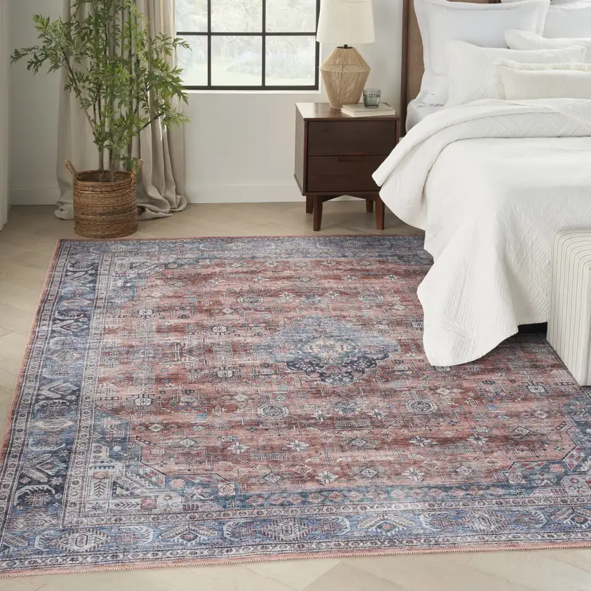5' X 7' Blue and Red Oriental Power Loom Distressed Washable Non Skid Area Rug Photo 5