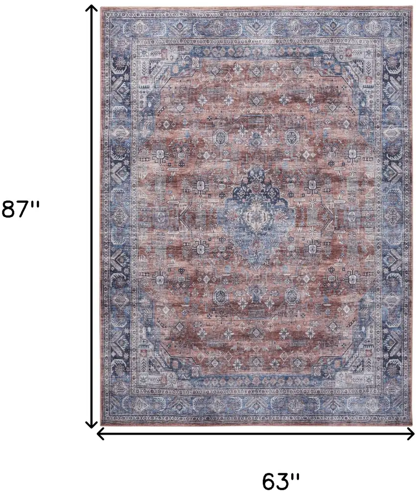 Blue and Red Oriental Power Loom Distressed Washable Non Skid Area Rug Photo 10