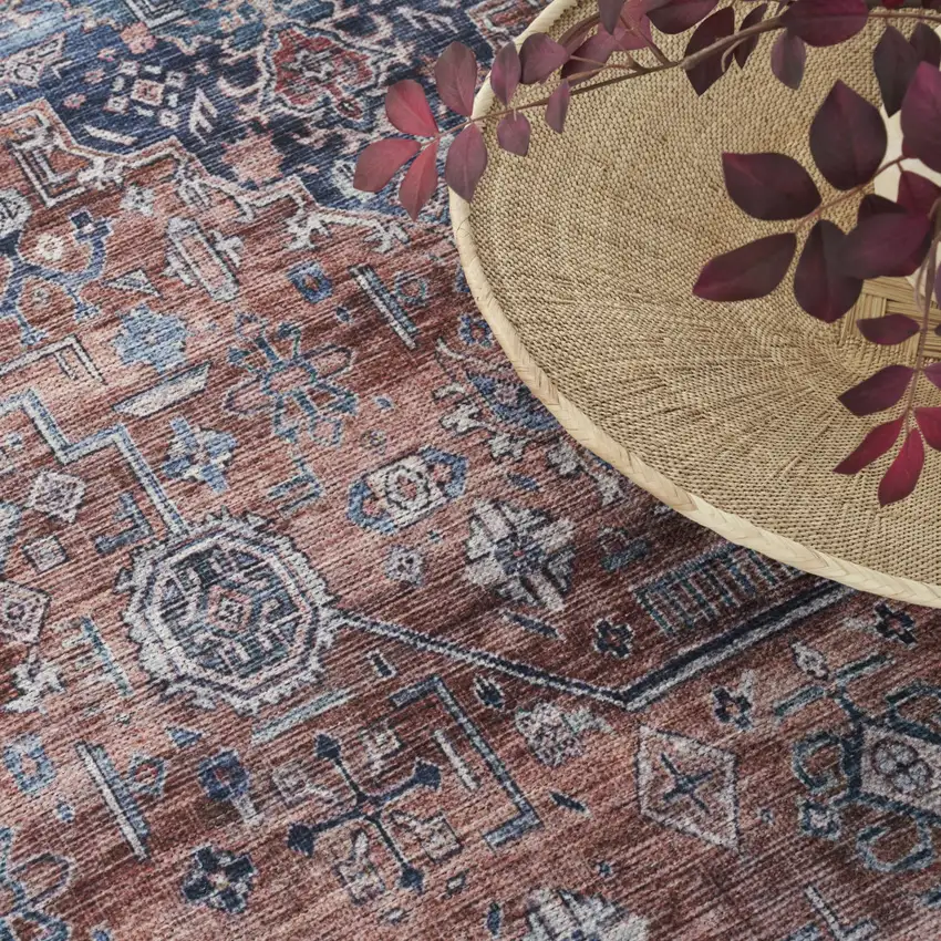 5' X 7' Blue and Red Oriental Power Loom Distressed Washable Non Skid Area Rug Photo 8