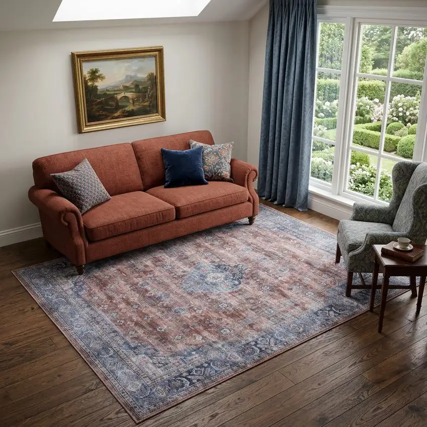 5' X 7' Blue and Red Oriental Power Loom Distressed Washable Non Skid Area Rug Photo 1