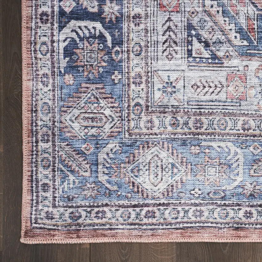 5' X 7' Blue and Red Oriental Power Loom Distressed Washable Non Skid Area Rug Photo 7