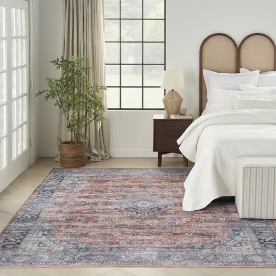 5' X 7' Blue and Red Oriental Power Loom Distressed Washable Non Skid Area Rug Photo 6