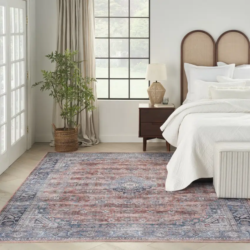 5' X 7' Blue and Red Oriental Power Loom Distressed Washable Non Skid Area Rug Photo 6