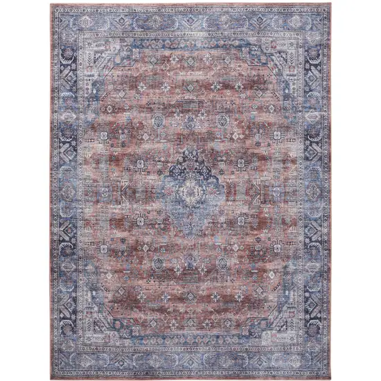 5' X 7' Blue and Red Oriental Power Loom Distressed Washable Non Skid Area Rug Photo 2