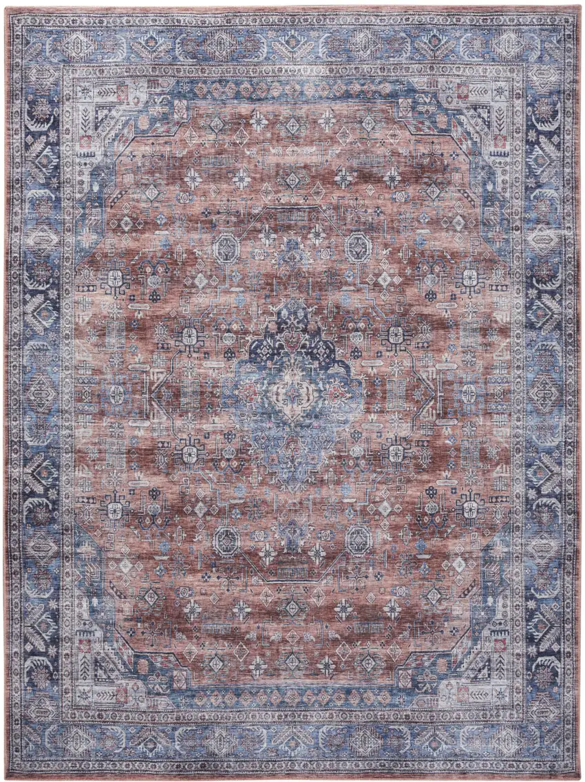 5' X 7' Blue and Red Oriental Power Loom Distressed Washable Non Skid Area Rug Photo 2