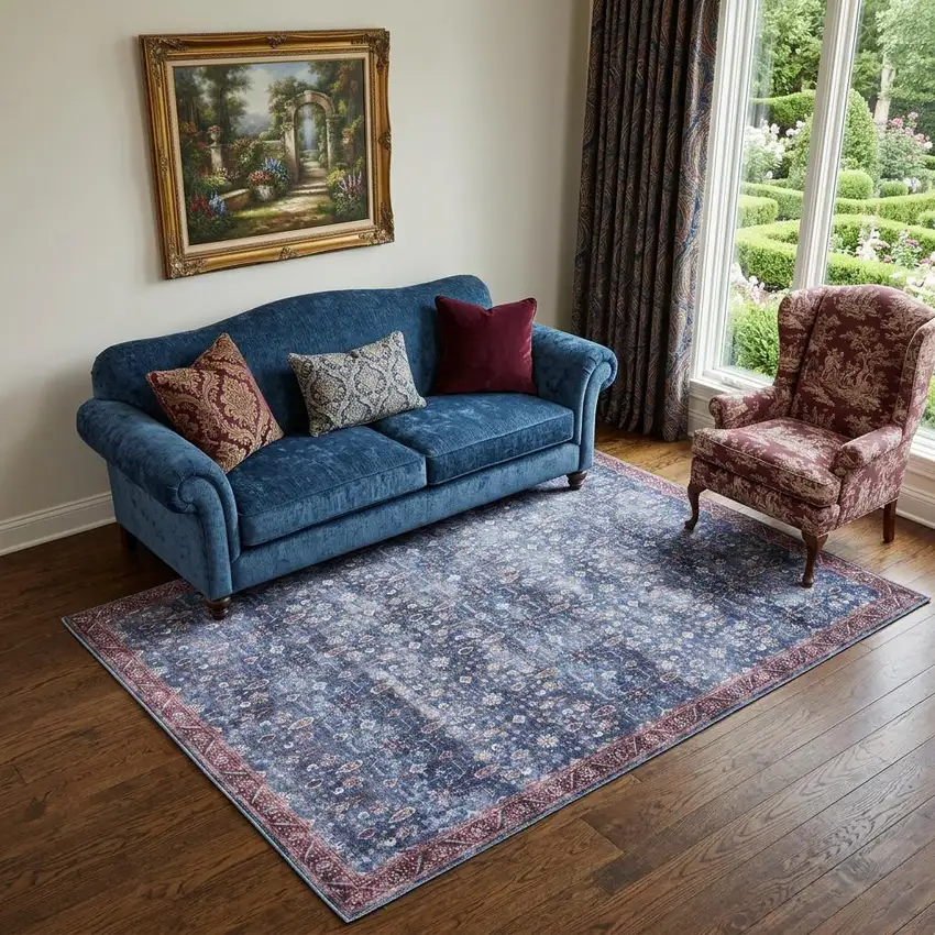 5' X 7' Blue and Red Oriental Power Loom Distressed Washable Non Skid Area Rug Photo 1