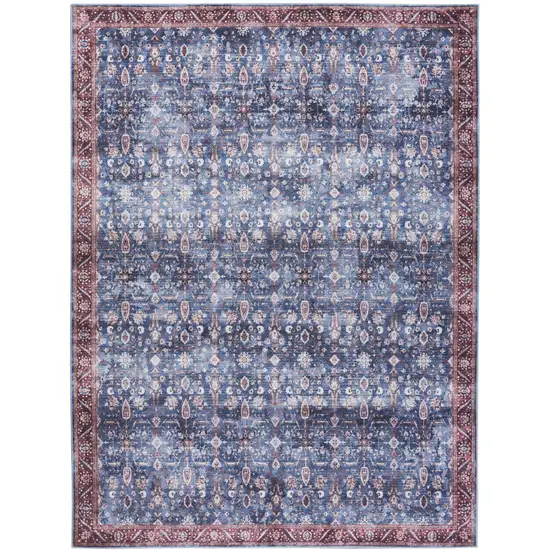 5' X 7' Blue and Red Oriental Power Loom Distressed Washable Non Skid Area Rug Photo 9