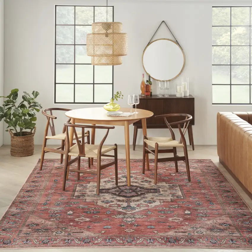 Blue and Red Oriental Power Loom Distressed Washable Non Skid Area Rug Photo 6