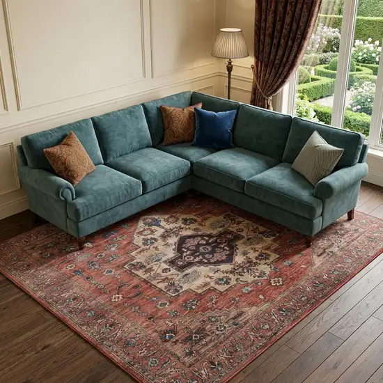 Blue and Red Oriental Power Loom Distressed Washable Non Skid Area Rug Photo 1