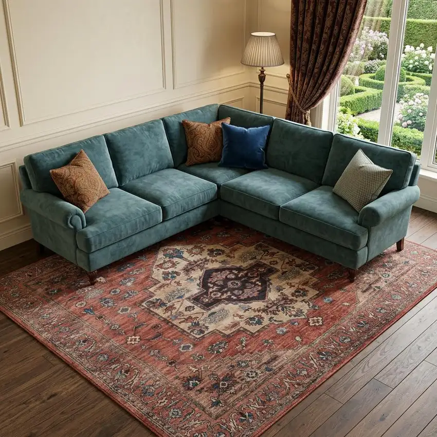 Blue and Red Oriental Power Loom Distressed Washable Non Skid Area Rug Photo 1